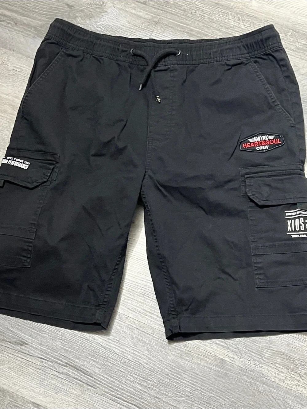 Black Cargo Drawstring Men's Shorts - Heart & Soul Crew Patch